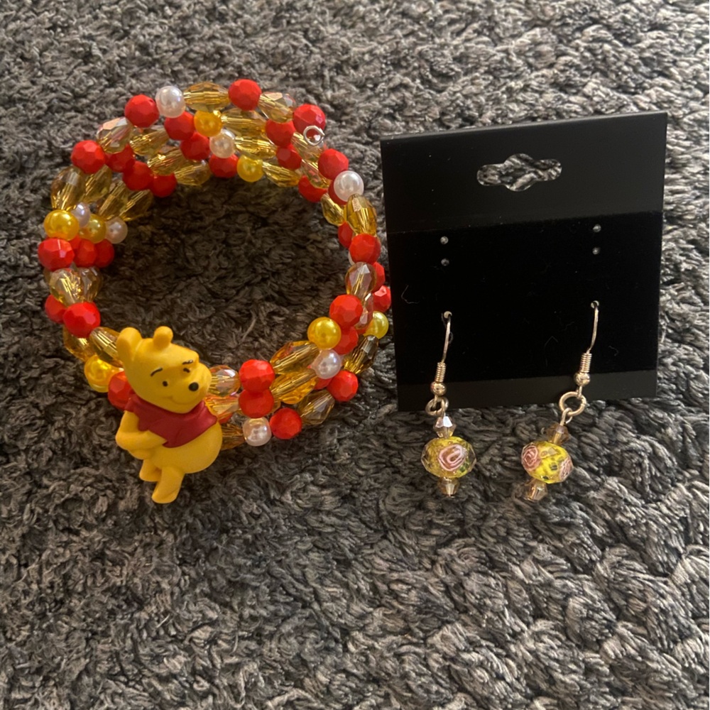 Handcrafted Winnie the Pooh bracelet and earrings set